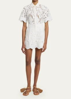 ErdemFloral Cutwork Cotton Pleated Shorts