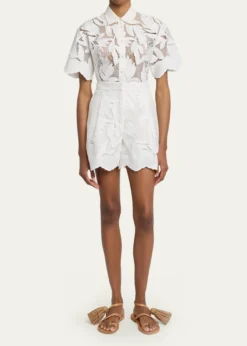 ErdemFloral Cutwork Cotton Short-Sleeve Button-Down Shirt
