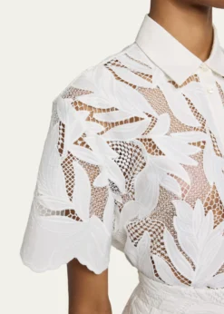 ErdemFloral Cutwork Cotton Short-Sleeve Button-Down Shirt
