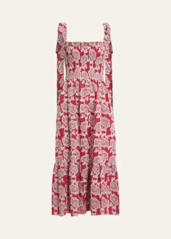 ErdemFloral Embroidered Cotton Smocked Sleeveless Midi Dress