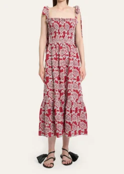ErdemFloral Embroidered Cotton Smocked Sleeveless Midi Dress