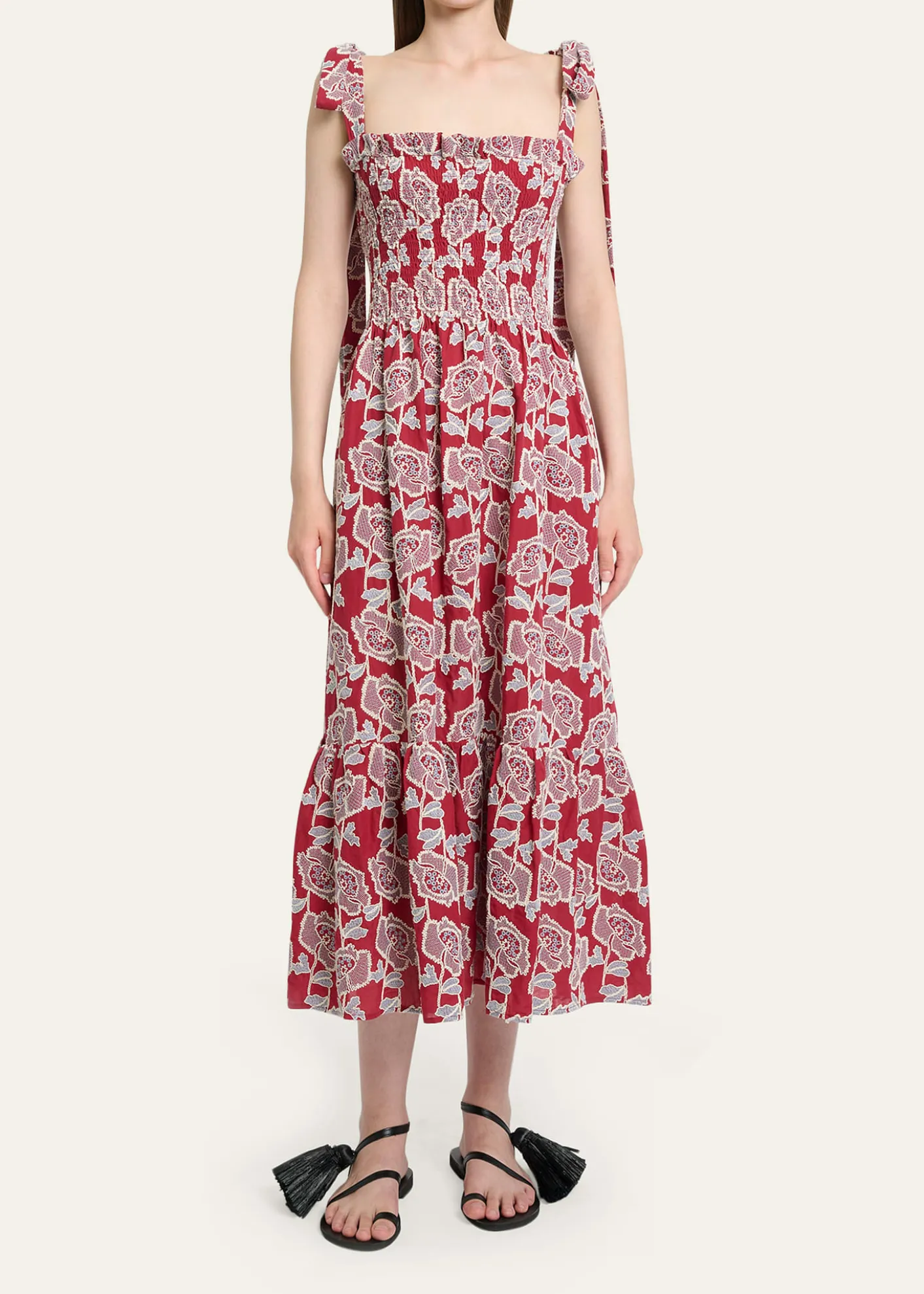 ErdemFloral Embroidered Cotton Smocked Sleeveless Midi Dress