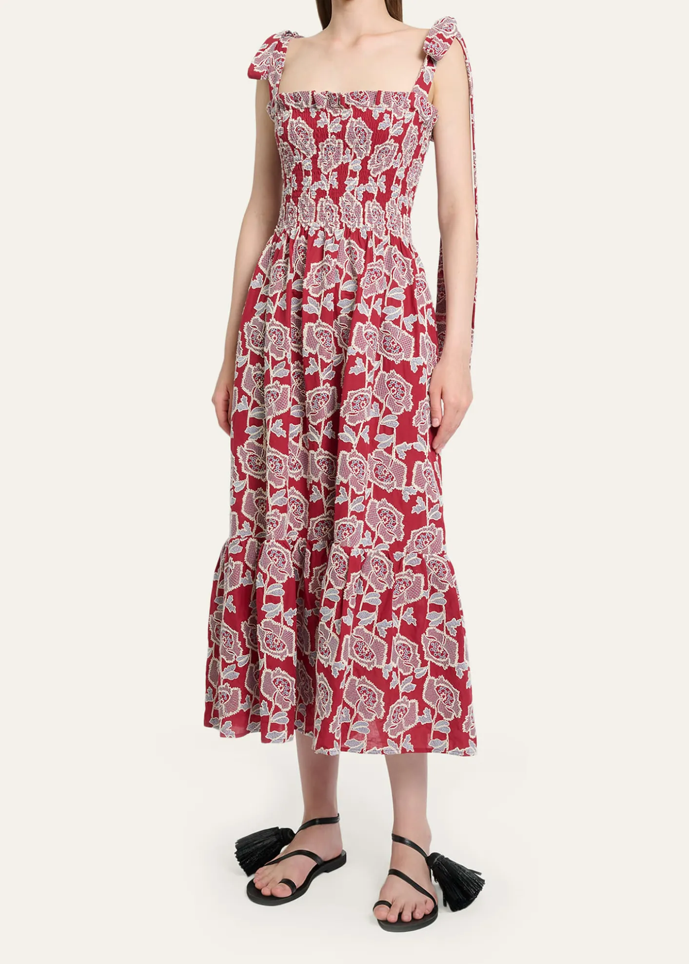 ErdemFloral Embroidered Cotton Smocked Sleeveless Midi Dress