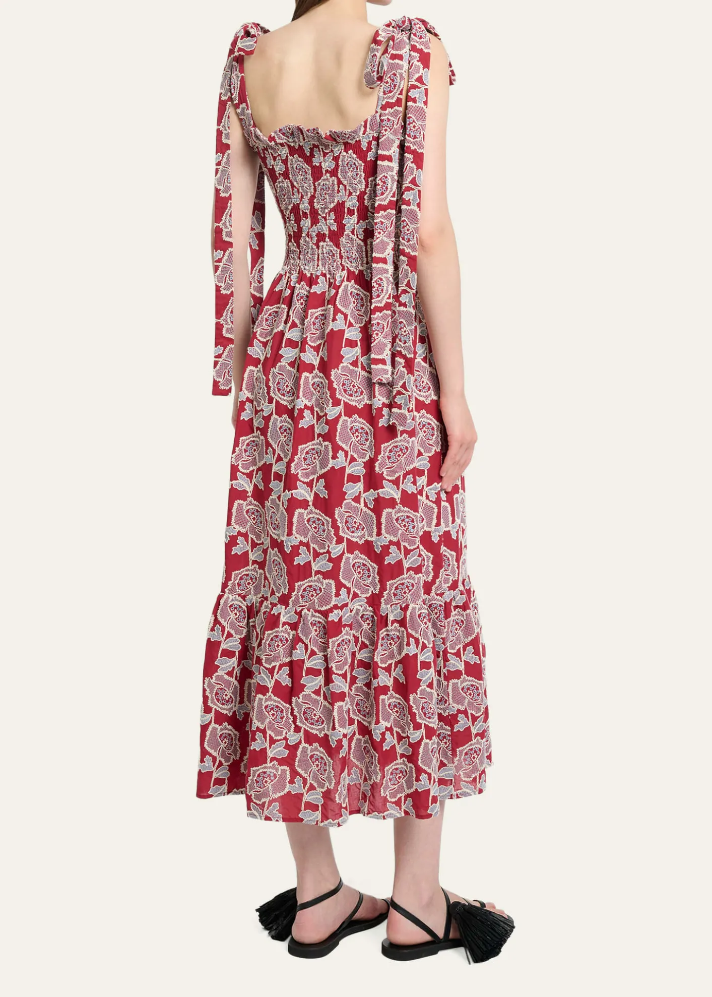 ErdemFloral Embroidered Cotton Smocked Sleeveless Midi Dress