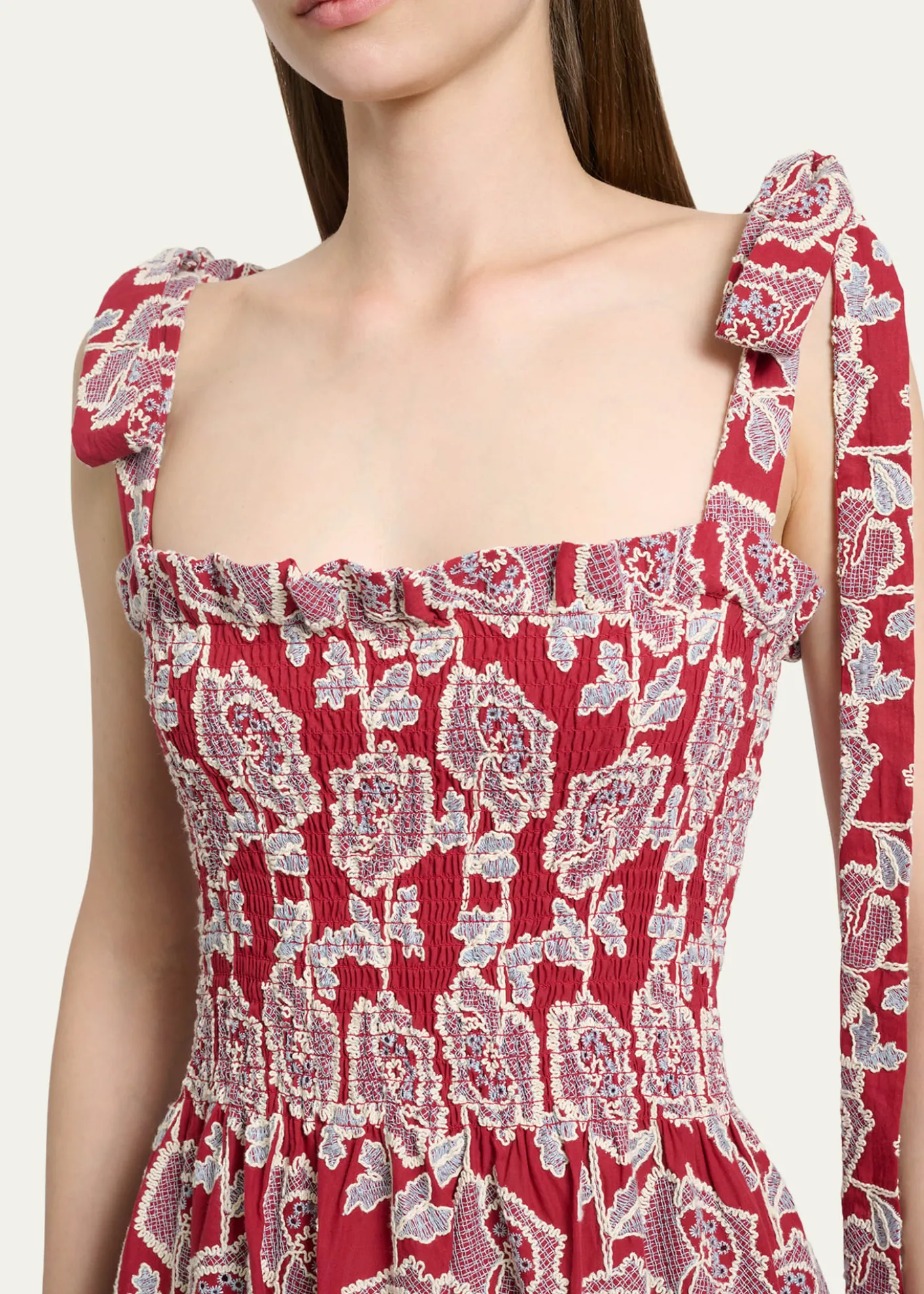 ErdemFloral Embroidered Cotton Smocked Sleeveless Midi Dress