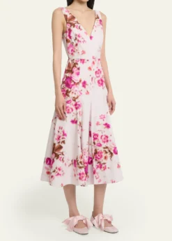 ErdemFloral Print Cotton Sleeveless V-Neck Midi Dress