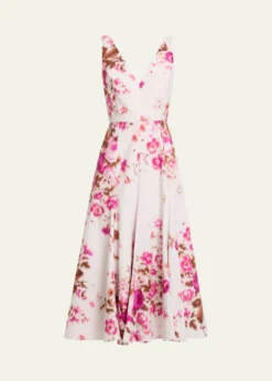 ErdemFloral Print Cotton Sleeveless V-Neck Midi Dress