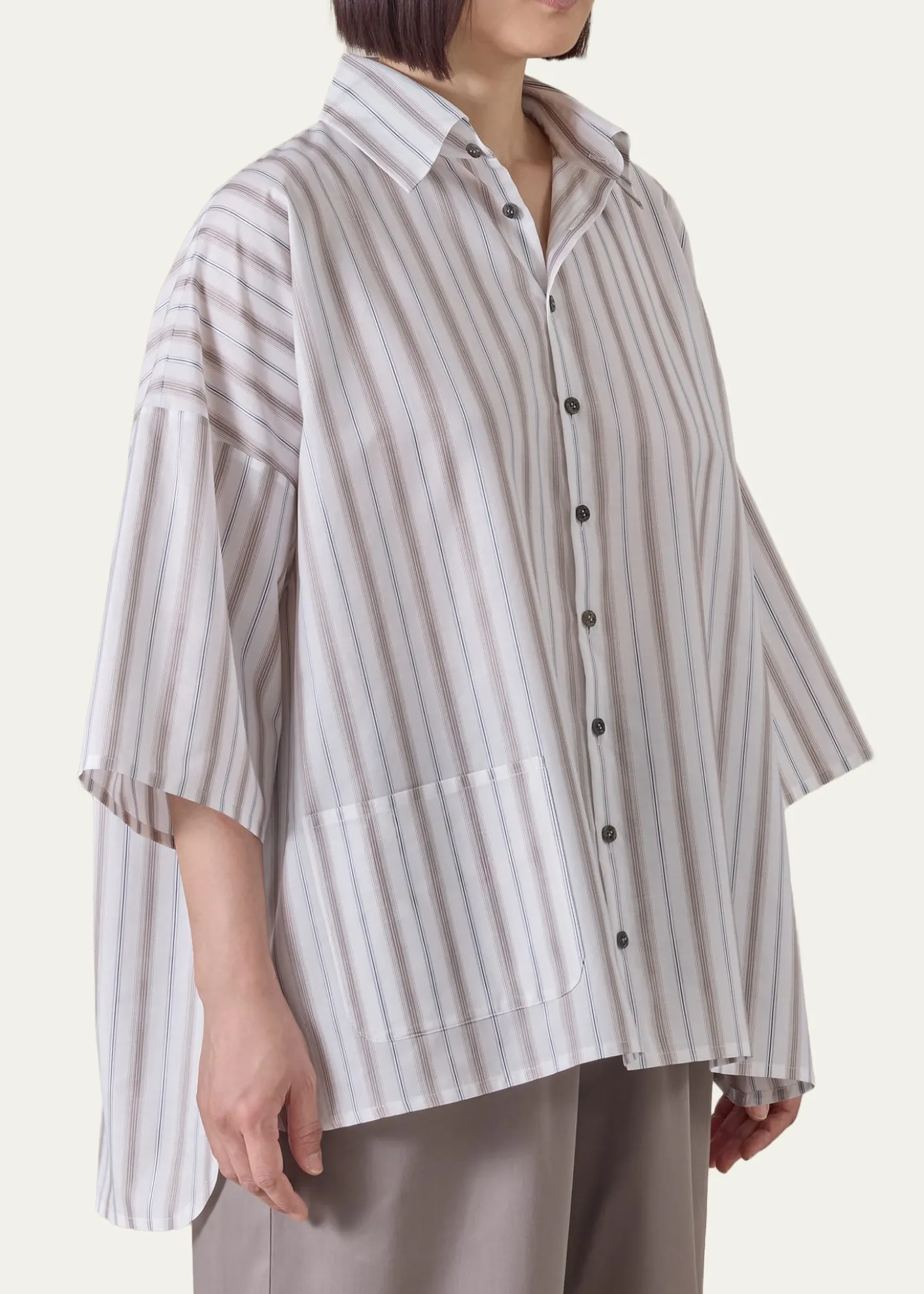 EskandarCotton Sloped Shoulder Wide A-Line Short Sleeve Shirt With Collar - Mid Plus Length