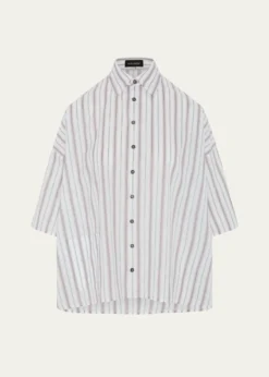 EskandarCotton Sloped Shoulder Wide A-Line Short Sleeve Shirt With Collar - Mid Plus Length