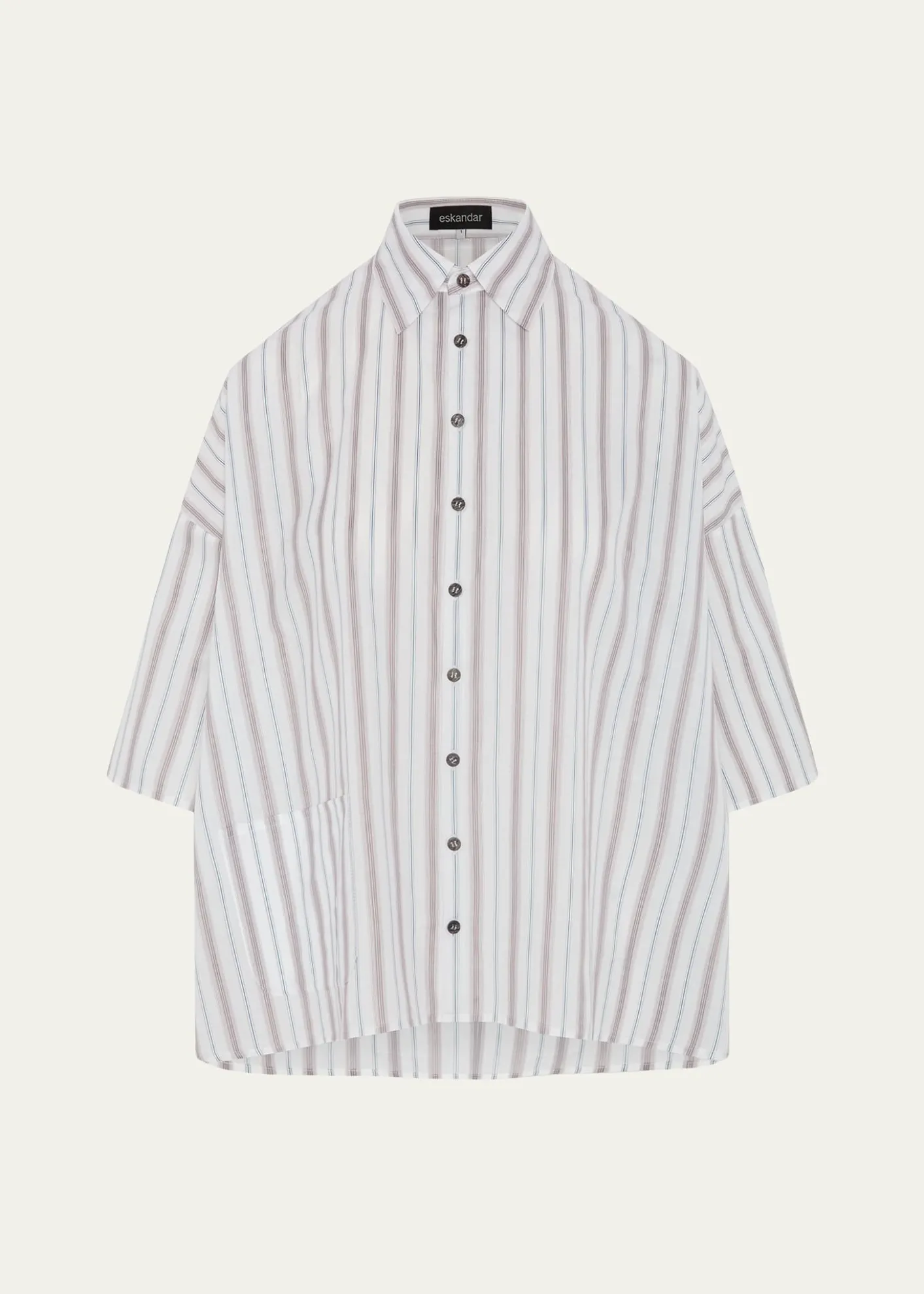 EskandarCotton Sloped Shoulder Wide A-Line Short Sleeve Shirt With Collar - Mid Plus Length