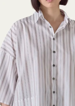 EskandarCotton Sloped Shoulder Wide A-Line Short Sleeve Shirt With Collar - Mid Plus Length