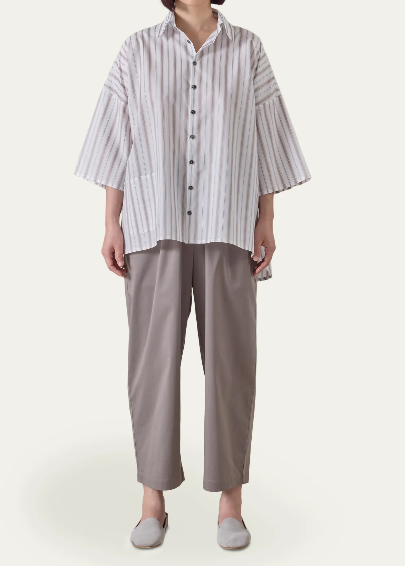 EskandarCotton Sloped Shoulder Wide A-Line Short Sleeve Shirt With Collar - Mid Plus Length