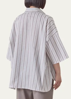 EskandarCotton Sloped Shoulder Wide A-Line Short Sleeve Shirt With Collar - Mid Plus Length