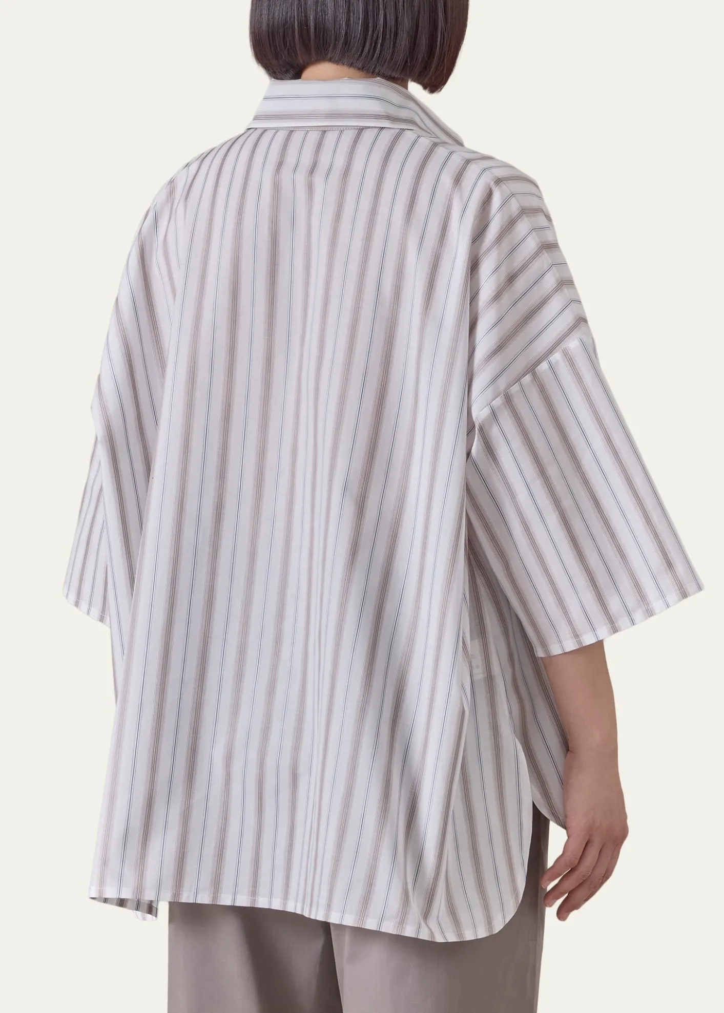EskandarCotton Sloped Shoulder Wide A-Line Short Sleeve Shirt With Collar - Mid Plus Length