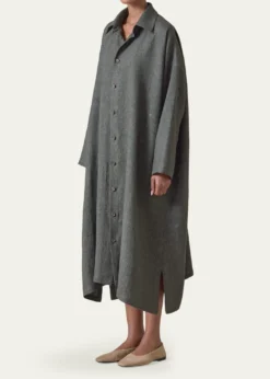 EskandarHeavyweight Delave Linen Wide A-Line Shirt Dress With Collar