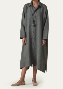 EskandarHeavyweight Delave Linen Wide A-Line Shirt Dress With Collar