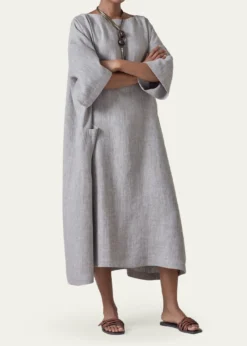 EskandarHeavyweight Delave Linen Angle-To-Front Side Seam Scoop Neck T-Shirt Dress
