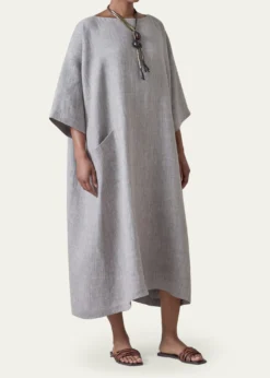 EskandarHeavyweight Delave Linen Angle-To-Front Side Seam Scoop Neck T-Shirt Dress