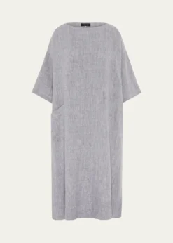 EskandarHeavyweight Delave Linen Angle-To-Front Side Seam Scoop Neck T-Shirt Dress