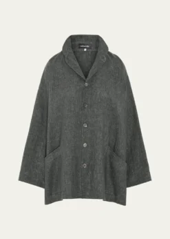 EskandarHeavyweight Delave Linen Angle-To-Front Double Stand Collar Jacket - Long Length