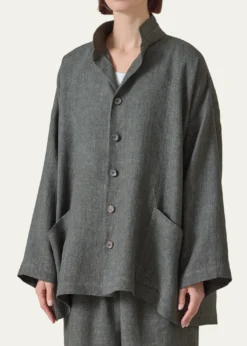EskandarHeavyweight Delave Linen Angle-To-Front Double Stand Collar Jacket - Long Length