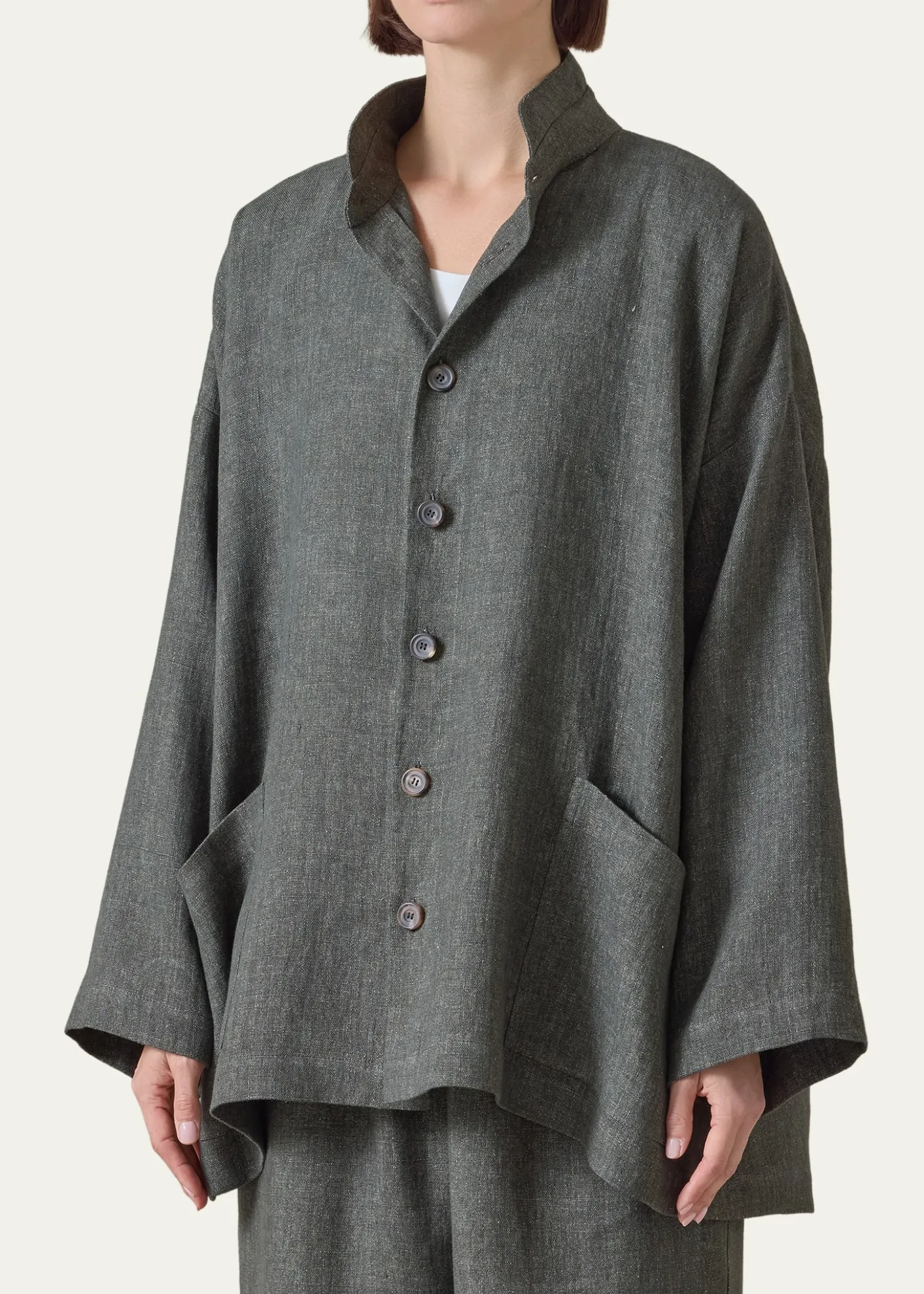 EskandarHeavyweight Delave Linen Angle-To-Front Double Stand Collar Jacket - Long Length