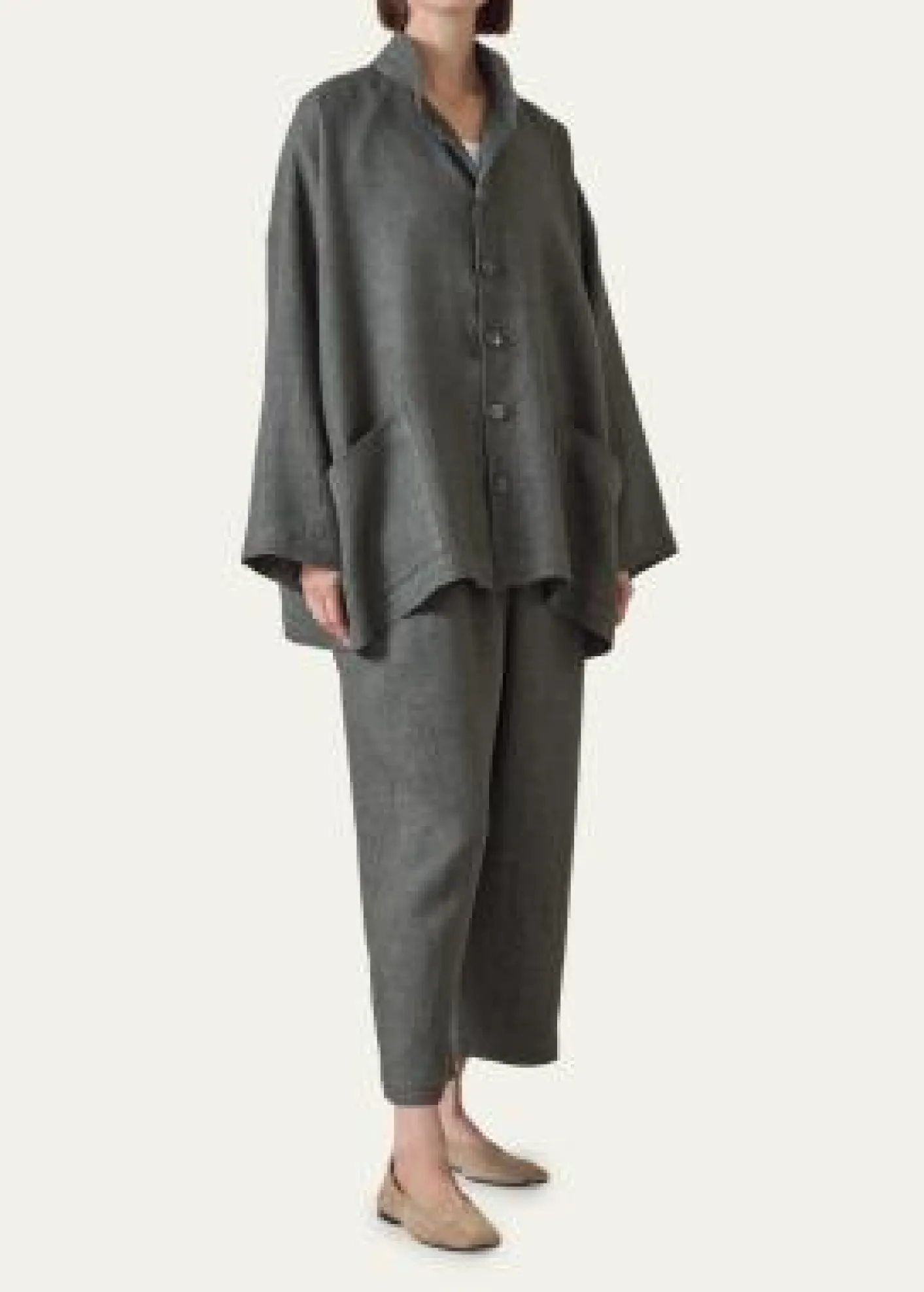 EskandarHeavyweight Delave Linen Angle-To-Front Double Stand Collar Jacket - Long Length
