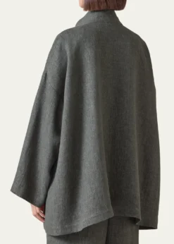 EskandarHeavyweight Delave Linen Angle-To-Front Double Stand Collar Jacket - Long Length