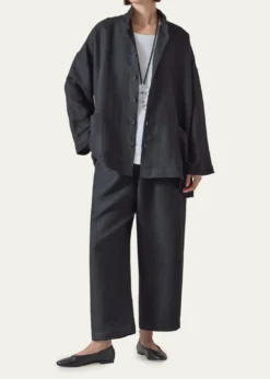 EskandarHeavyweight Linen Angle-To-Front Double Stand Collar Jacket - Long Length