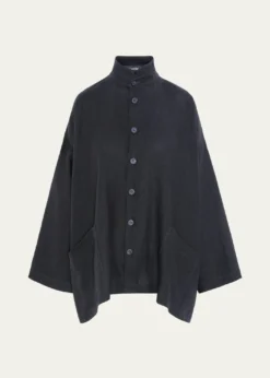 EskandarHeavyweight Linen Angle-To-Front Double Stand Collar Jacket - Long Length