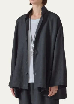 EskandarHeavyweight Linen Angle-To-Front Double Stand Collar Jacket - Long Length