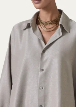EskandarLightweight Silk Plisse Wide A-Line Shirt With Collar - Mid Plus Length