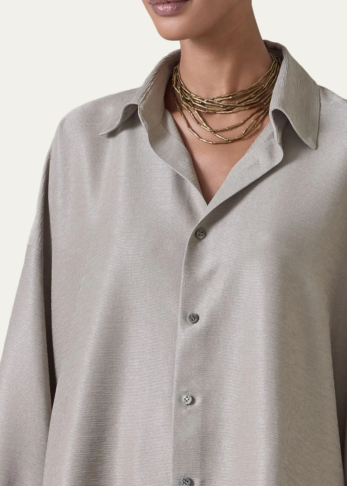 EskandarLightweight Silk Plisse Wide A-Line Shirt With Collar - Mid Plus Length