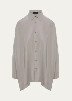 EskandarLightweight Silk Plisse Wide A-Line Shirt With Collar - Mid Plus Length