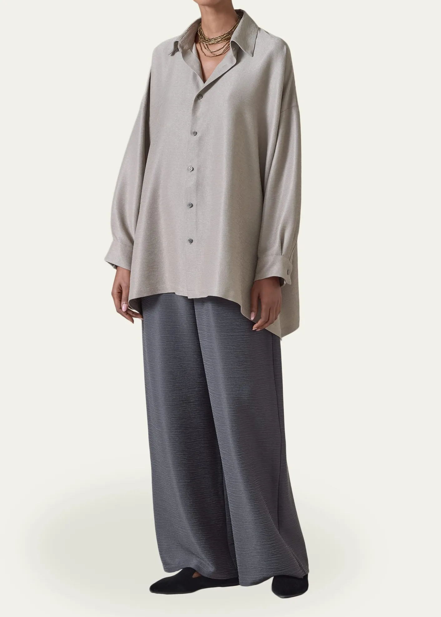 EskandarLightweight Silk Plisse Wide A-Line Shirt With Collar - Mid Plus Length