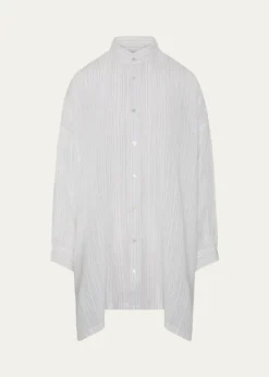EskandarMetallic Linen Wide A-Line Collarless Shirt - Long Plus Length