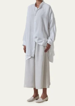EskandarMetallic Linen Wide A-Line Collarless Shirt - Long Plus Length