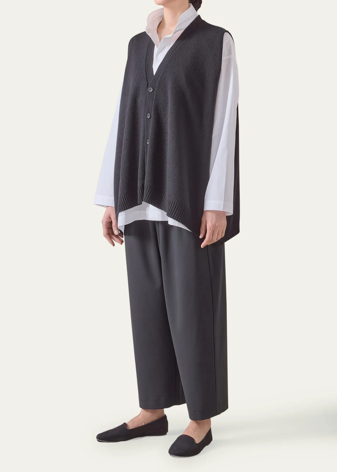 EskandarPlain Cashmere A-Line Sleeveless V-Neck Cardigan (Mid Plus Length)