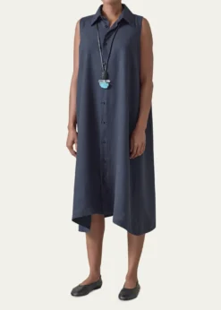 EskandarSide Pleated Sleeveless Midi Shirtdress with Collar