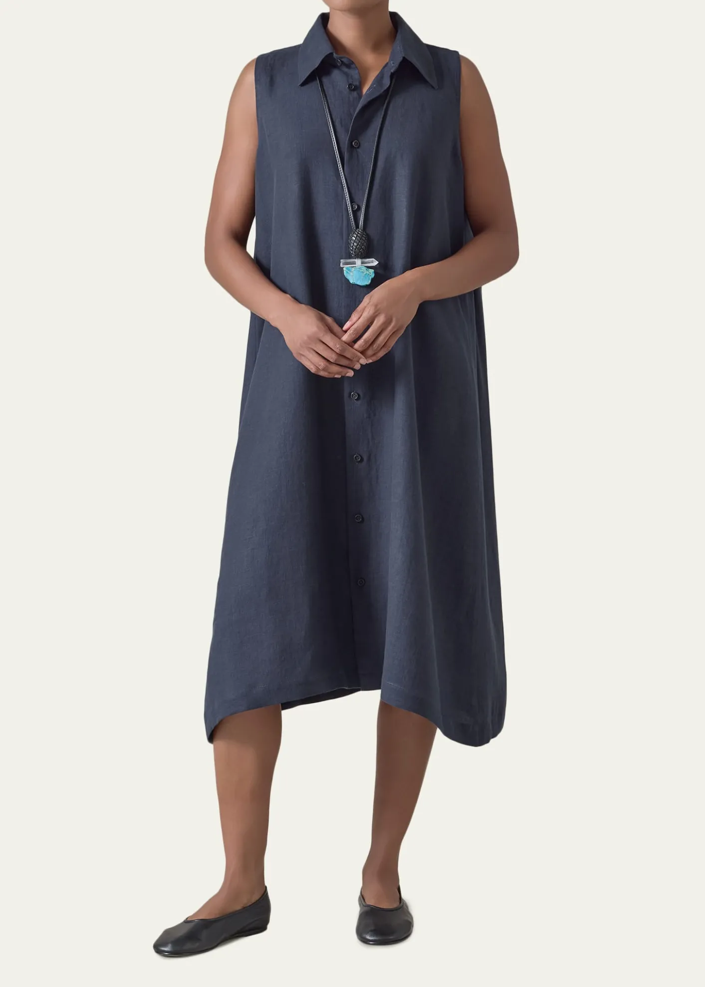 EskandarSide Pleated Sleeveless Midi Shirtdress with Collar