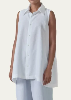 EskandarSide Pleated Sleeveless Shirt With Collar - Long Length
