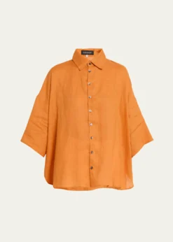EskandarSloped Shoulder Wide A-Line Short Sleeve Shirt With Collar - Mid Length