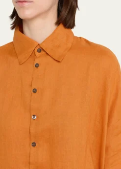 EskandarSloped Shoulder Wide A-Line Short Sleeve Shirt With Collar - Mid Length