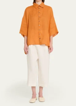 EskandarSloped Shoulder Wide A-Line Short Sleeve Shirt With Collar - Mid Length