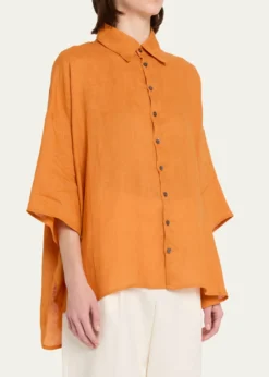 EskandarSloped Shoulder Wide A-Line Short Sleeve Shirt With Collar - Mid Length