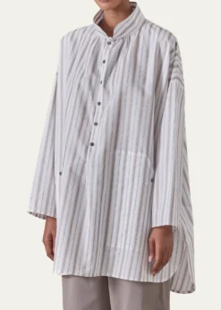 EskandarSloped Shoulder Wide A-Line Artists Smock With Pleated Collar - Long Plus Length