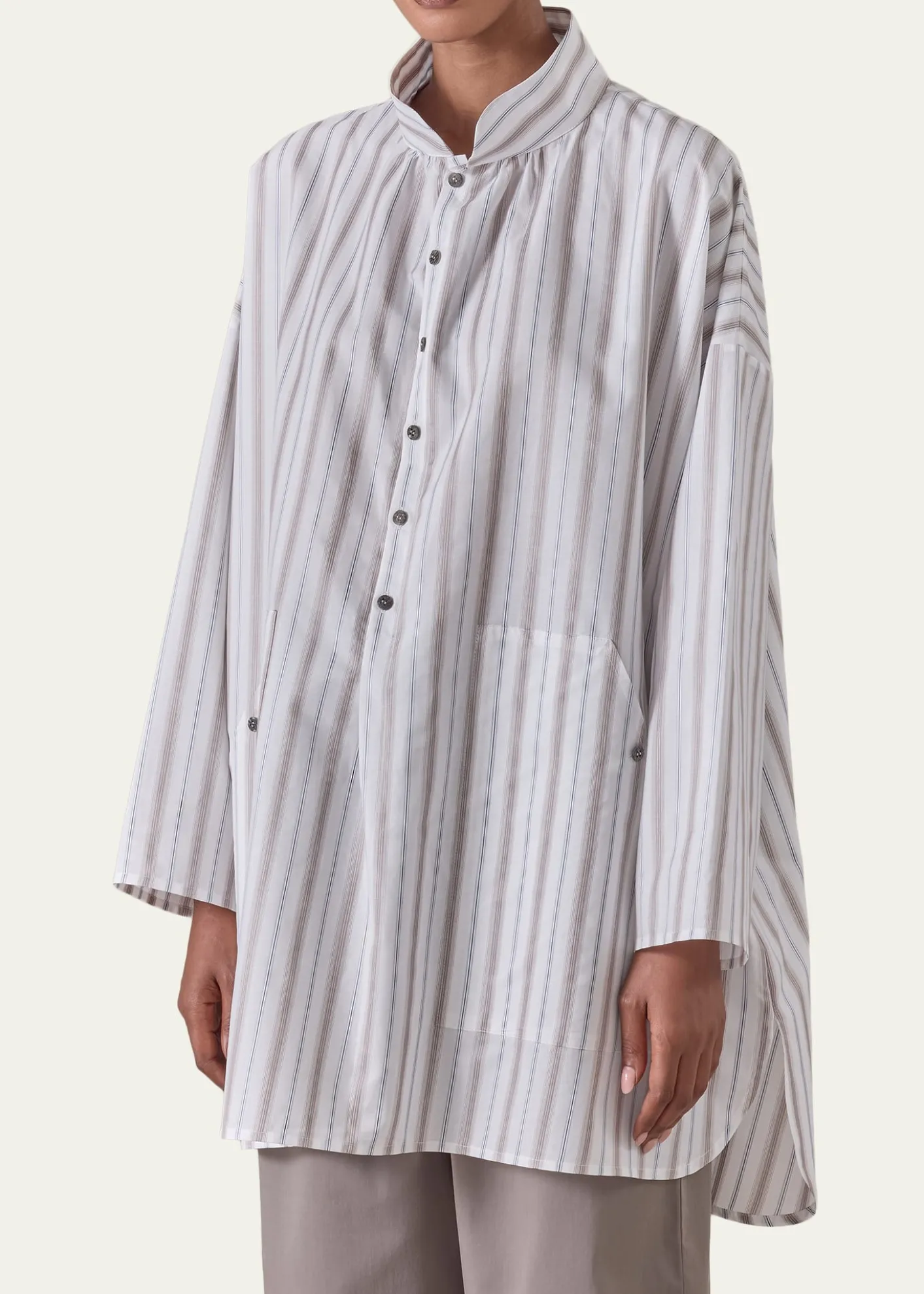 EskandarSloped Shoulder Wide A-Line Artists Smock With Pleated Collar - Long Plus Length