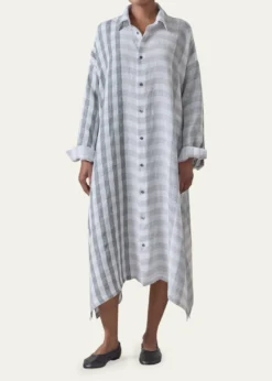EskandarStriped Linen Wide A-Line Shirt Dress With Collar