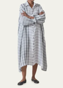 EskandarStriped Linen Wide A-Line Shirt Dress With Collar