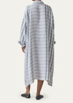 EskandarStriped Linen Wide A-Line Shirt Dress With Collar